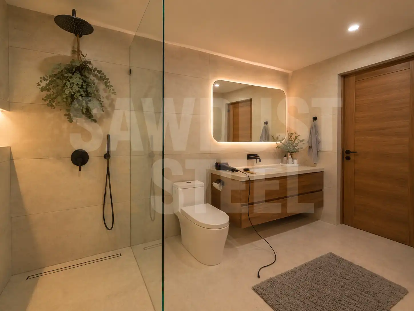 Walk-in shower with glass rain panel and walnut vanity