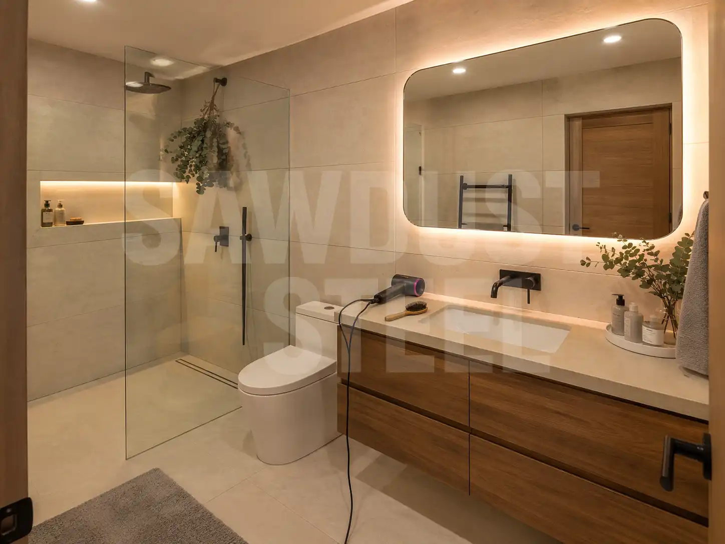 Wood vanity with backlit mirror in an accessible bathroom renovation