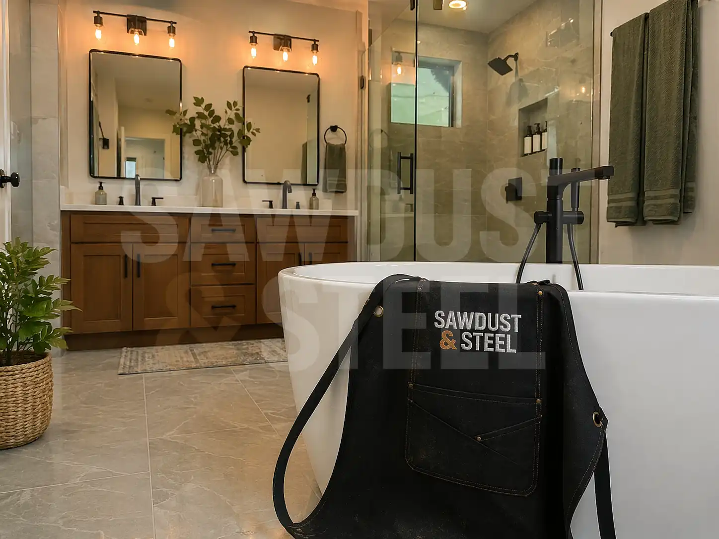 Finished Ontario bathroom with soaking tub, double vanity, and glass shower