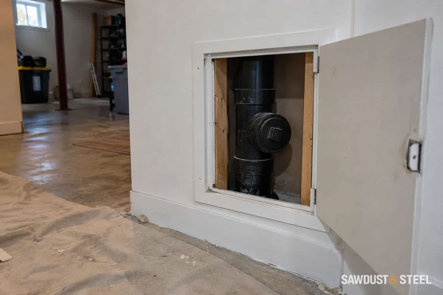An open wall access panel exposing a black drain cleanout in a partly finished basement
