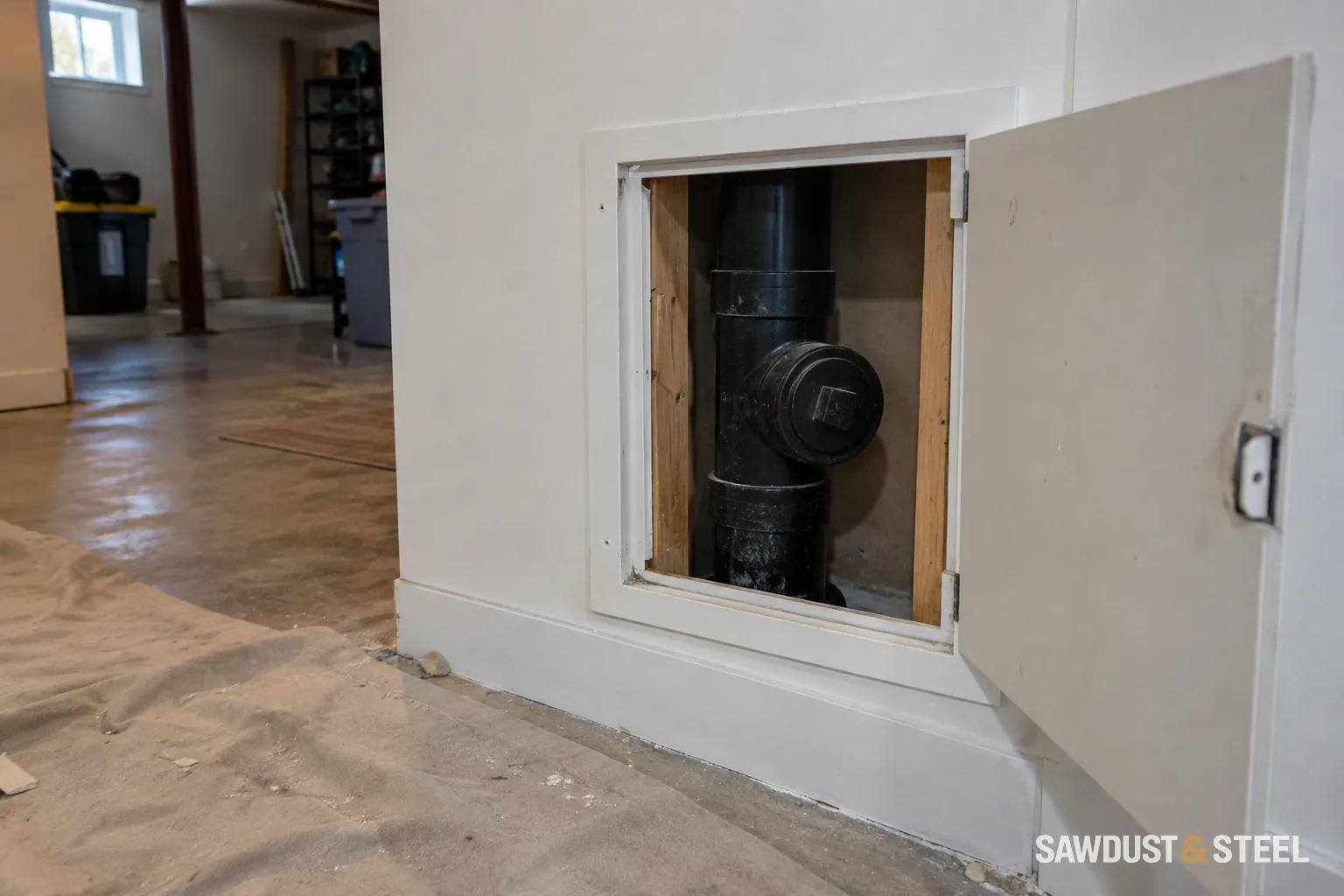An open wall access panel exposing a black drain cleanout in a partly finished basement