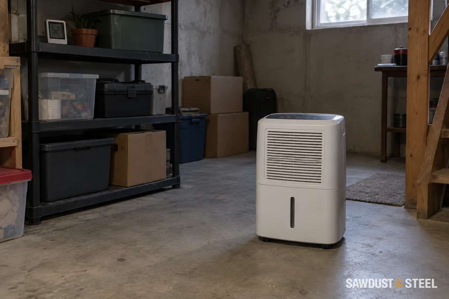 A portable dehumidifier on a clear basement floor with storage shelves behind it