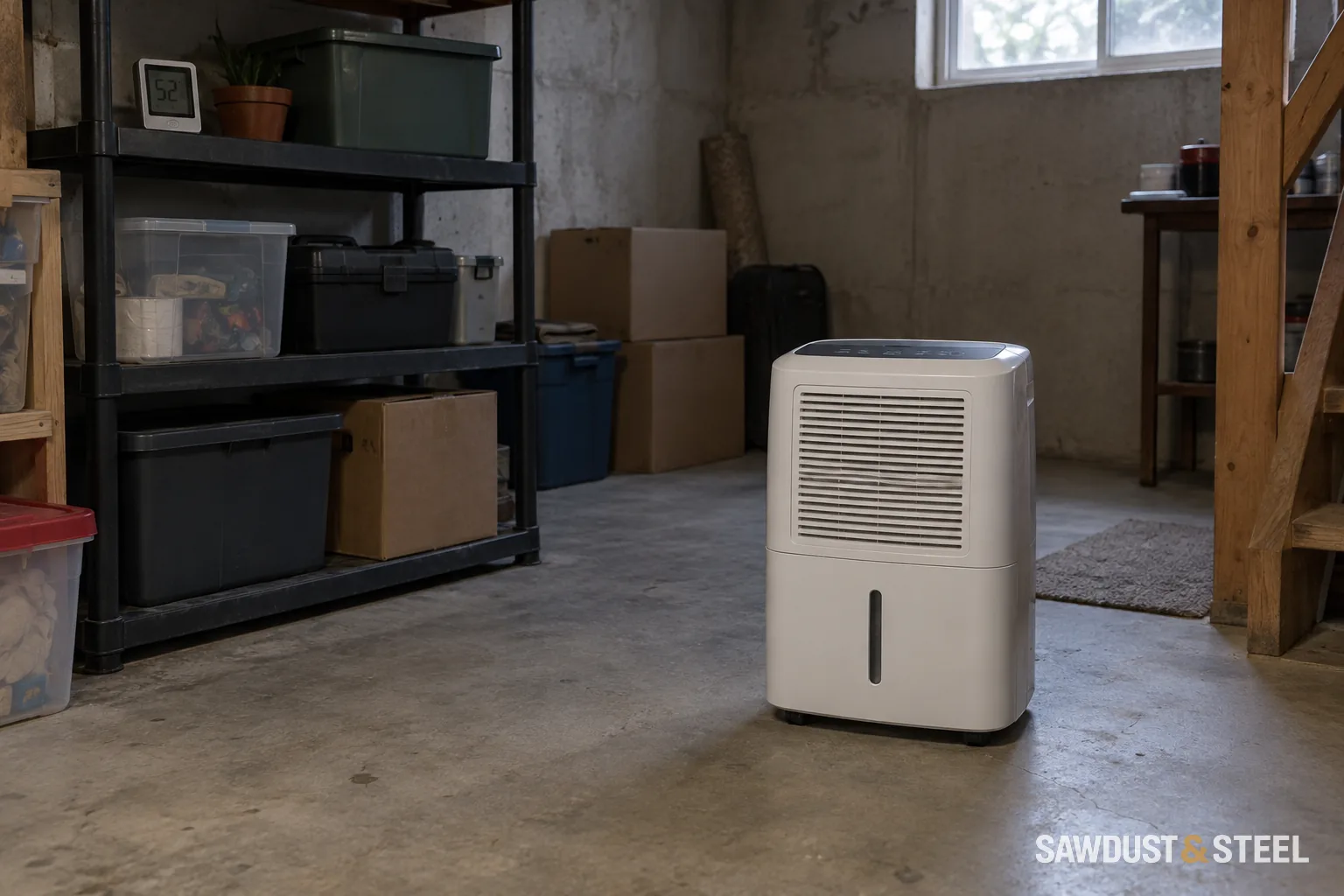 A portable dehumidifier on a clear basement floor with storage shelves behind it