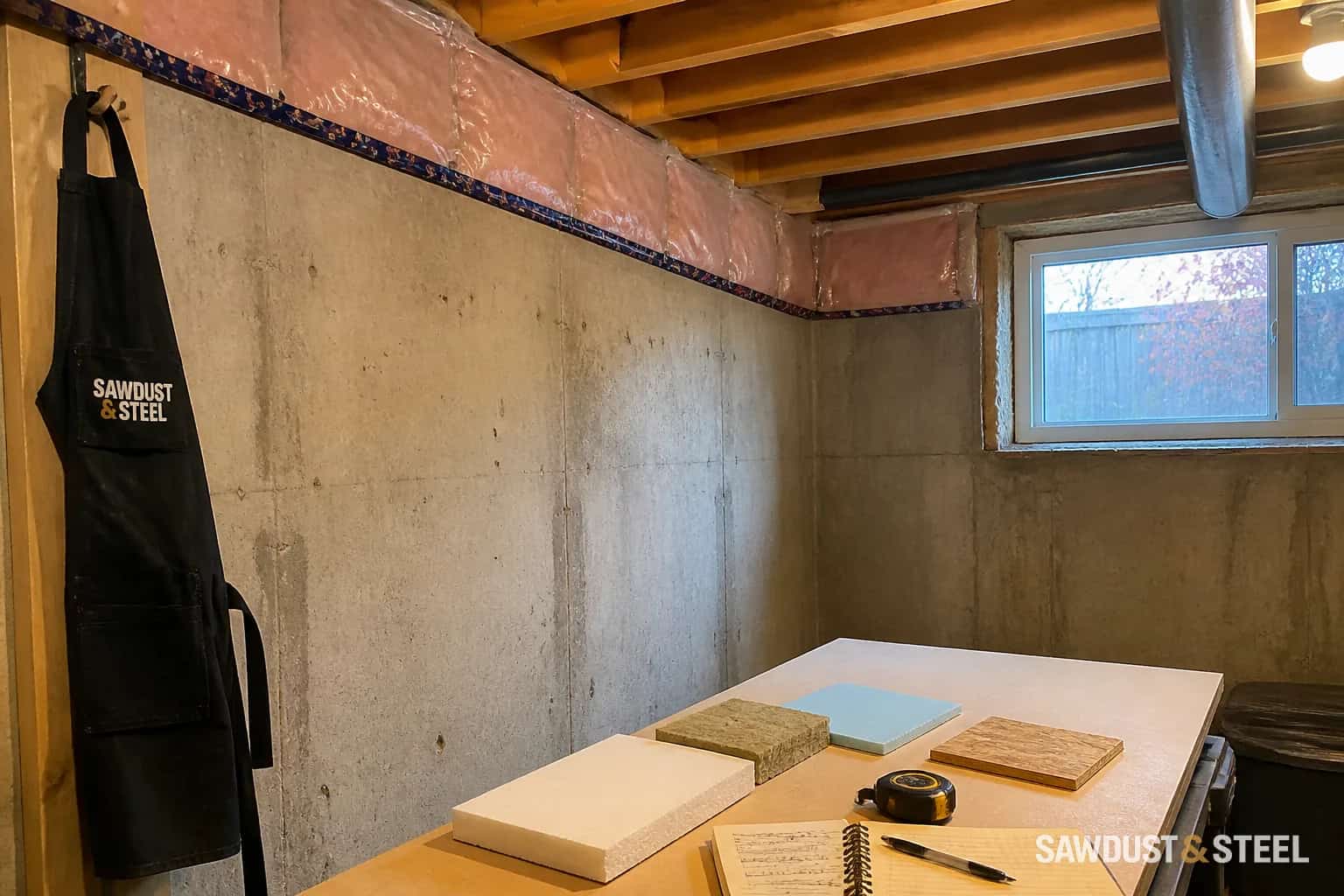 Editorial image of basement wall framing and insulation before drywall