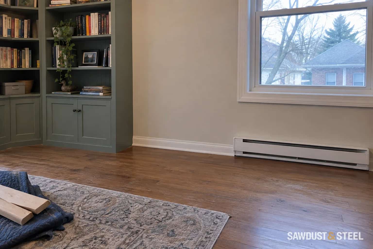 A painted bookcase stopping short of an exposed electric baseboard heater in a study