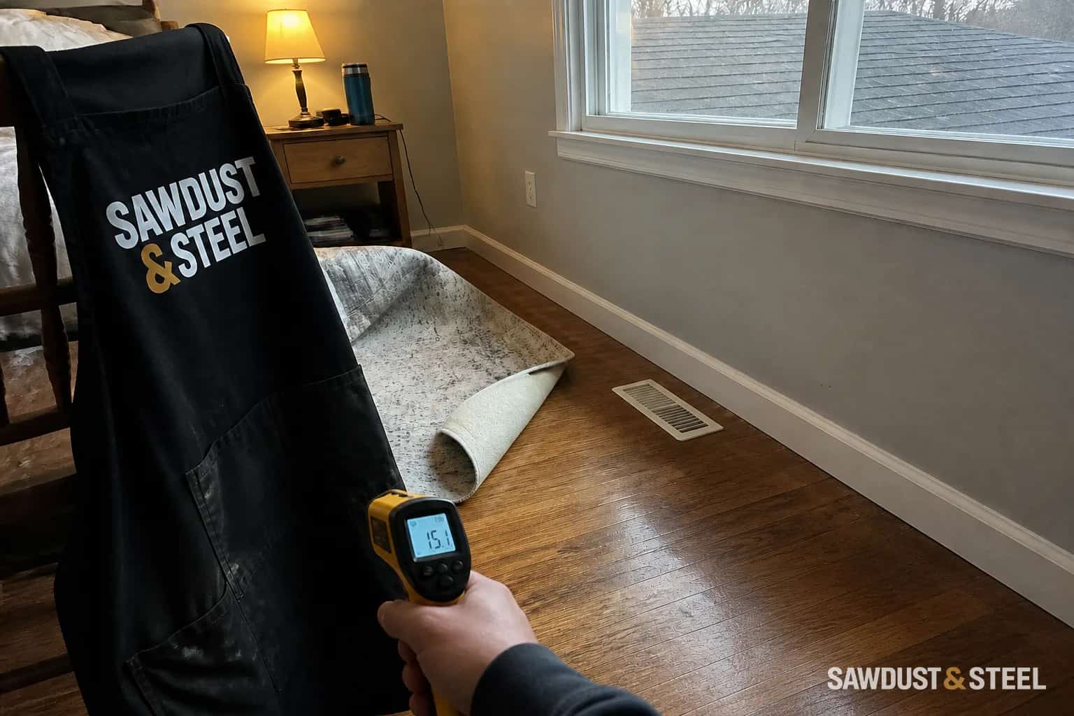 Editorial view of a floor-temperature check in a bedroom above an attached garage