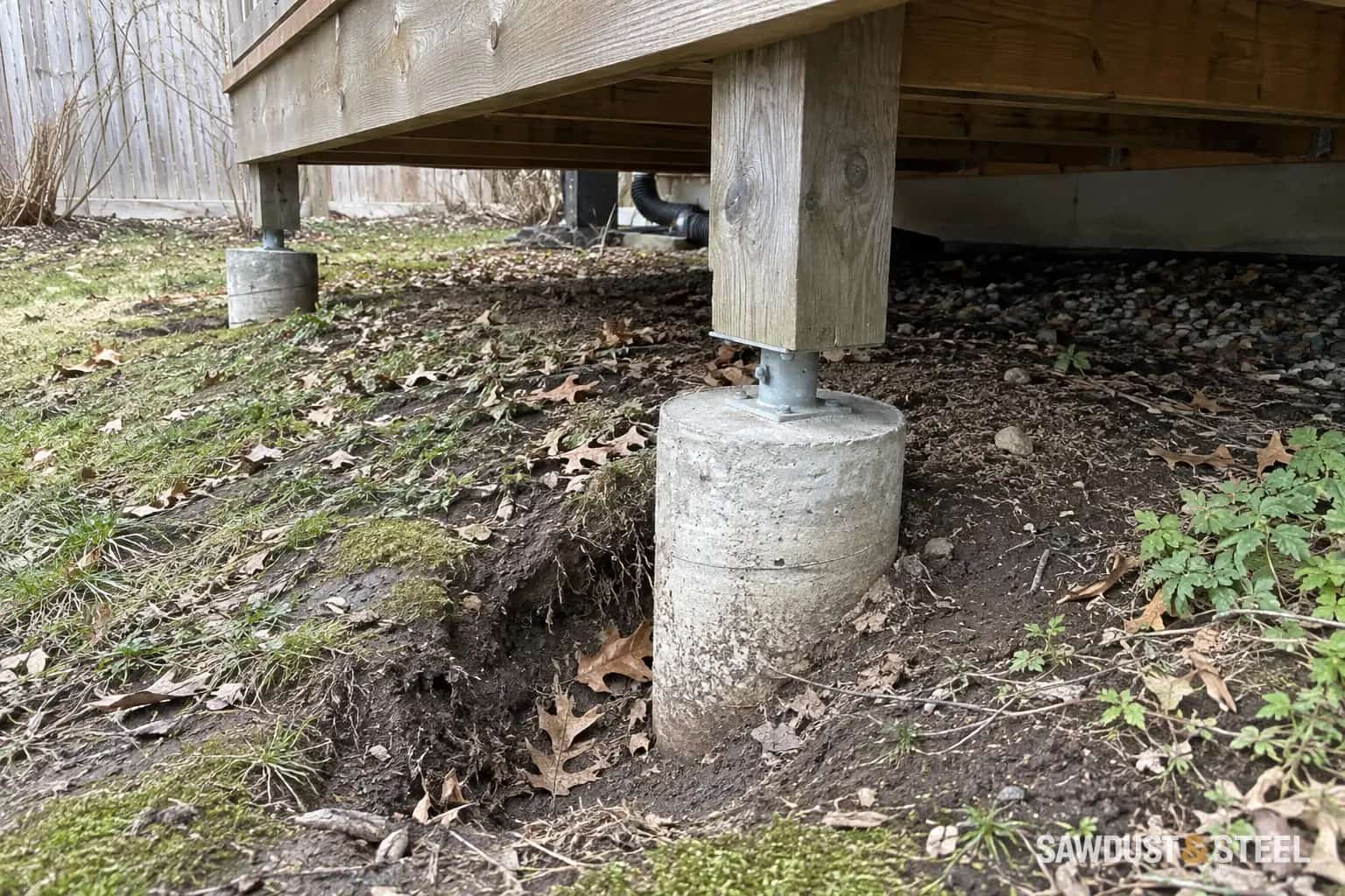 A timber deck support on a concrete pier beside an eroded channel in bare soil