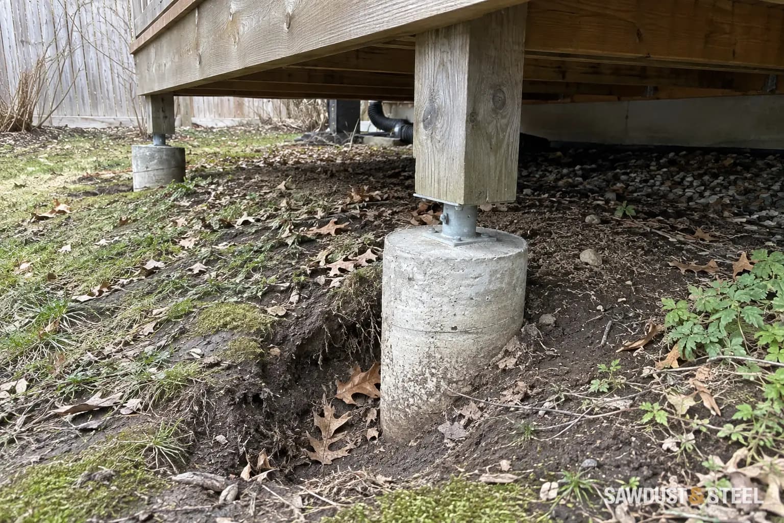 A timber deck support on a concrete pier beside an eroded channel in bare soil