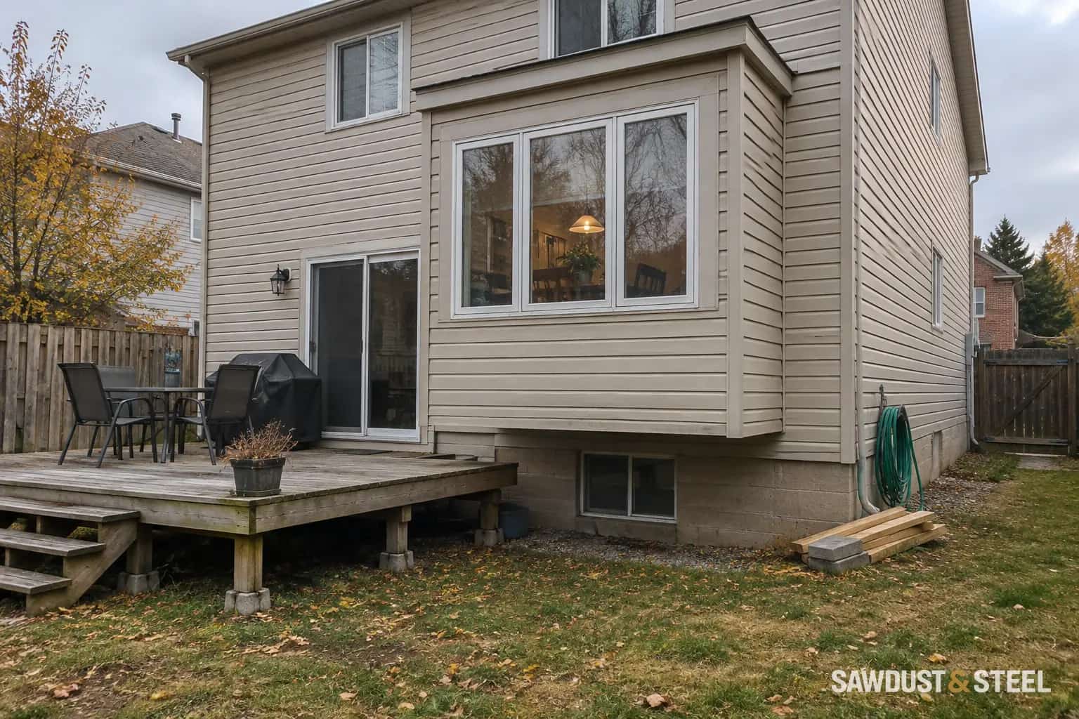 A dining-room bump-out projecting above a foundation beside a low timber backyard deck