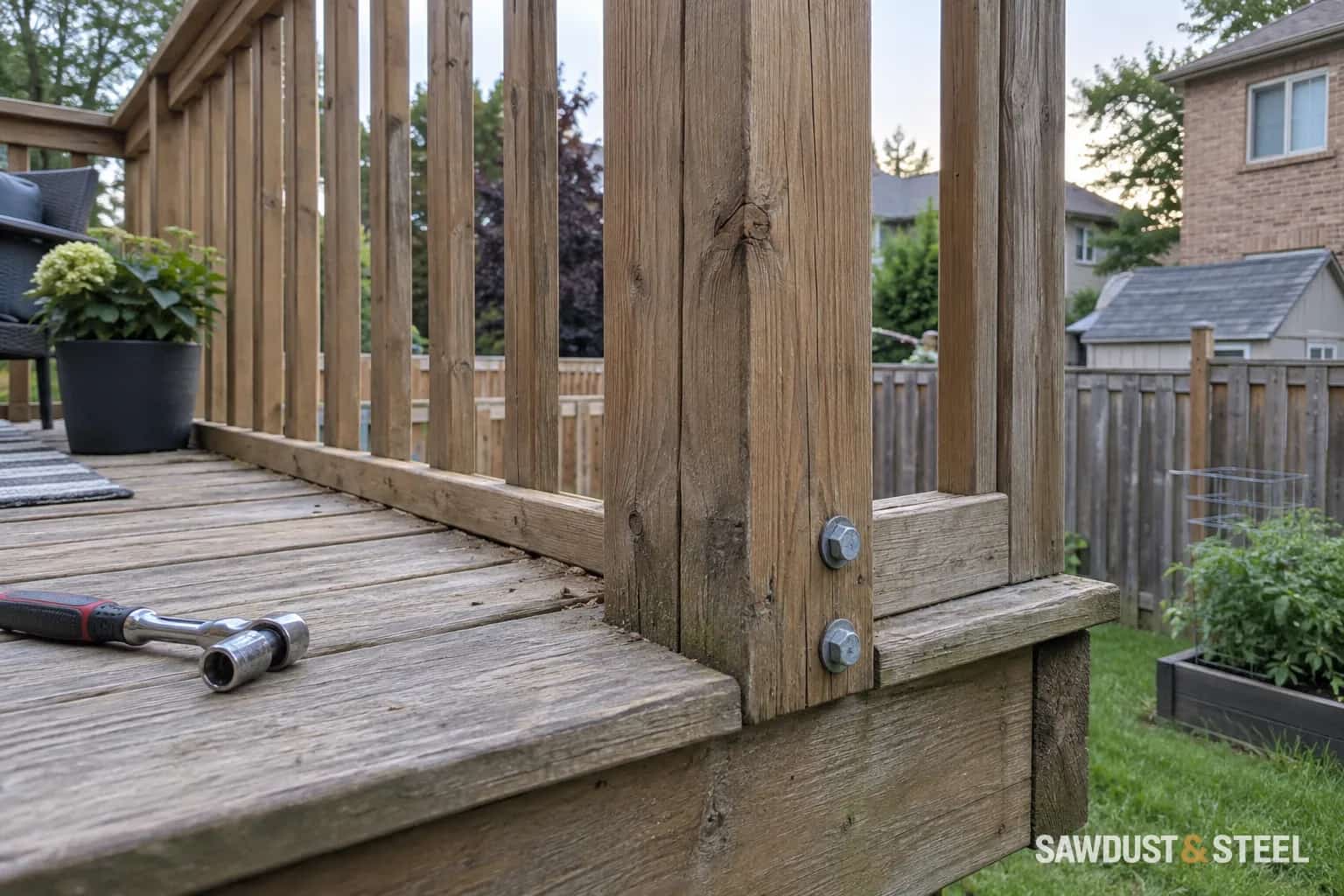 A weathered timber deck guard post at the deck edge, with bolts and a socket wrench nearby