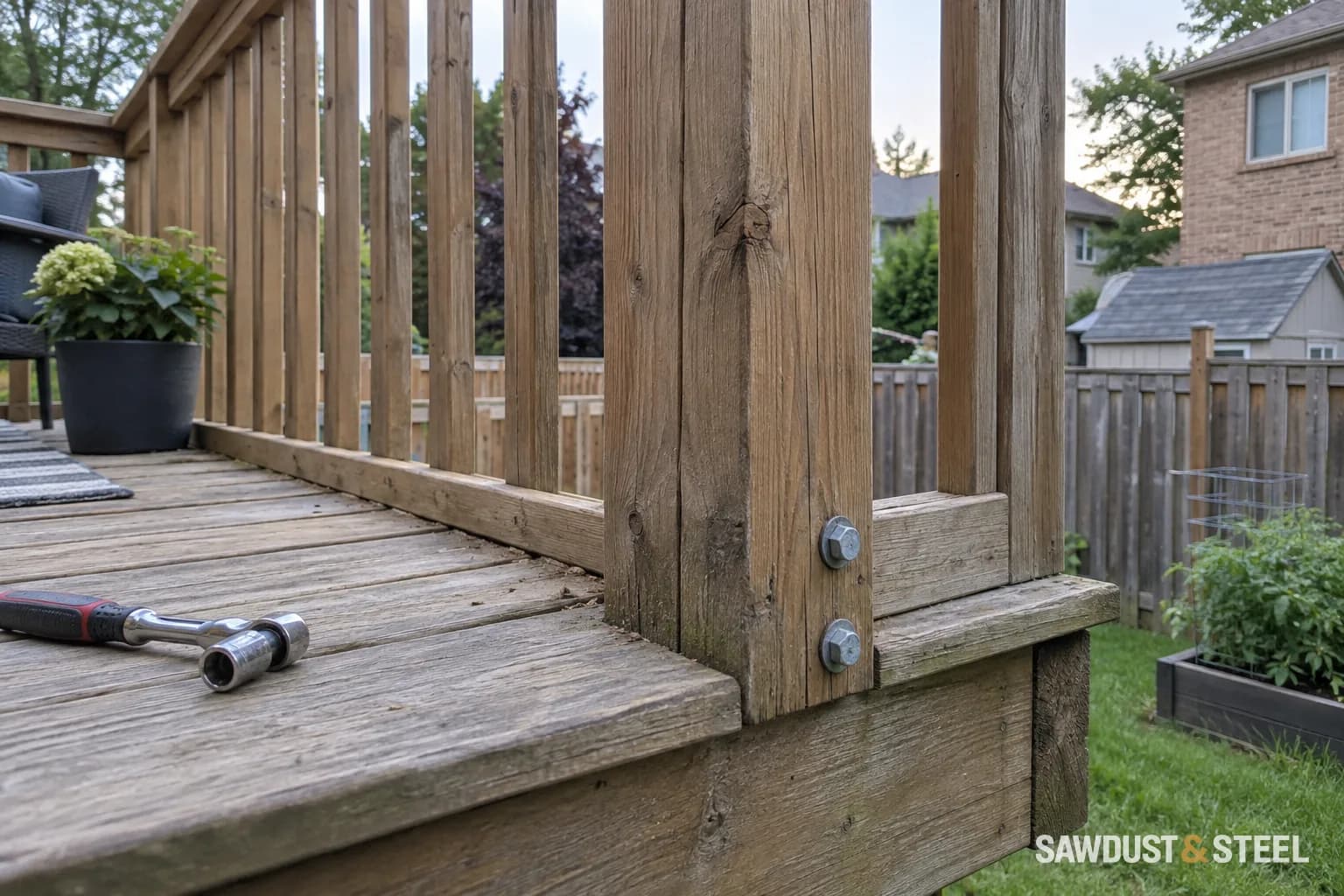 Timber deck edge and guard-post connection with visible bolts.