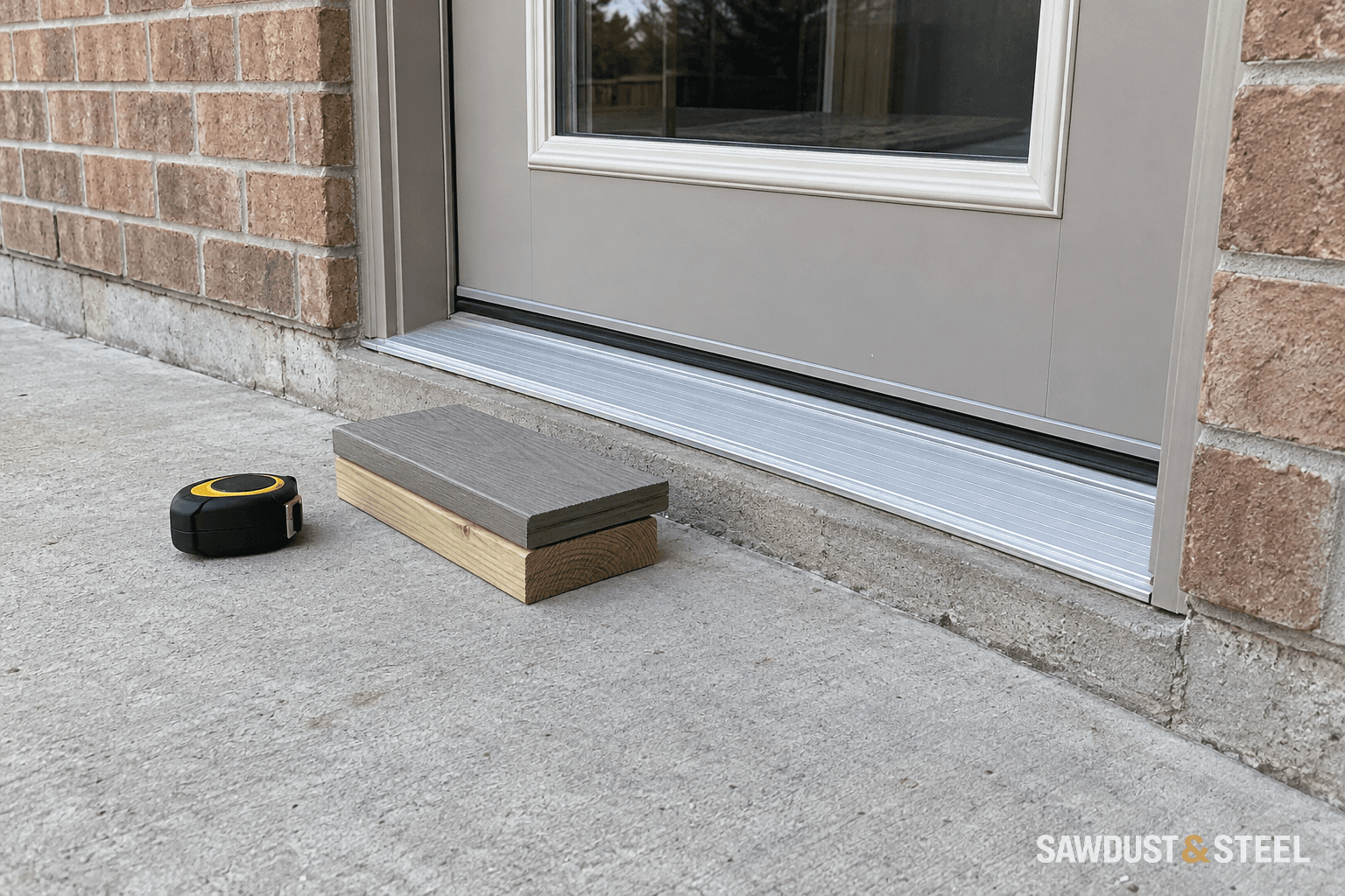 Loose composite decking and timber samples stacked beside a back-door threshold on a poured-concrete patio