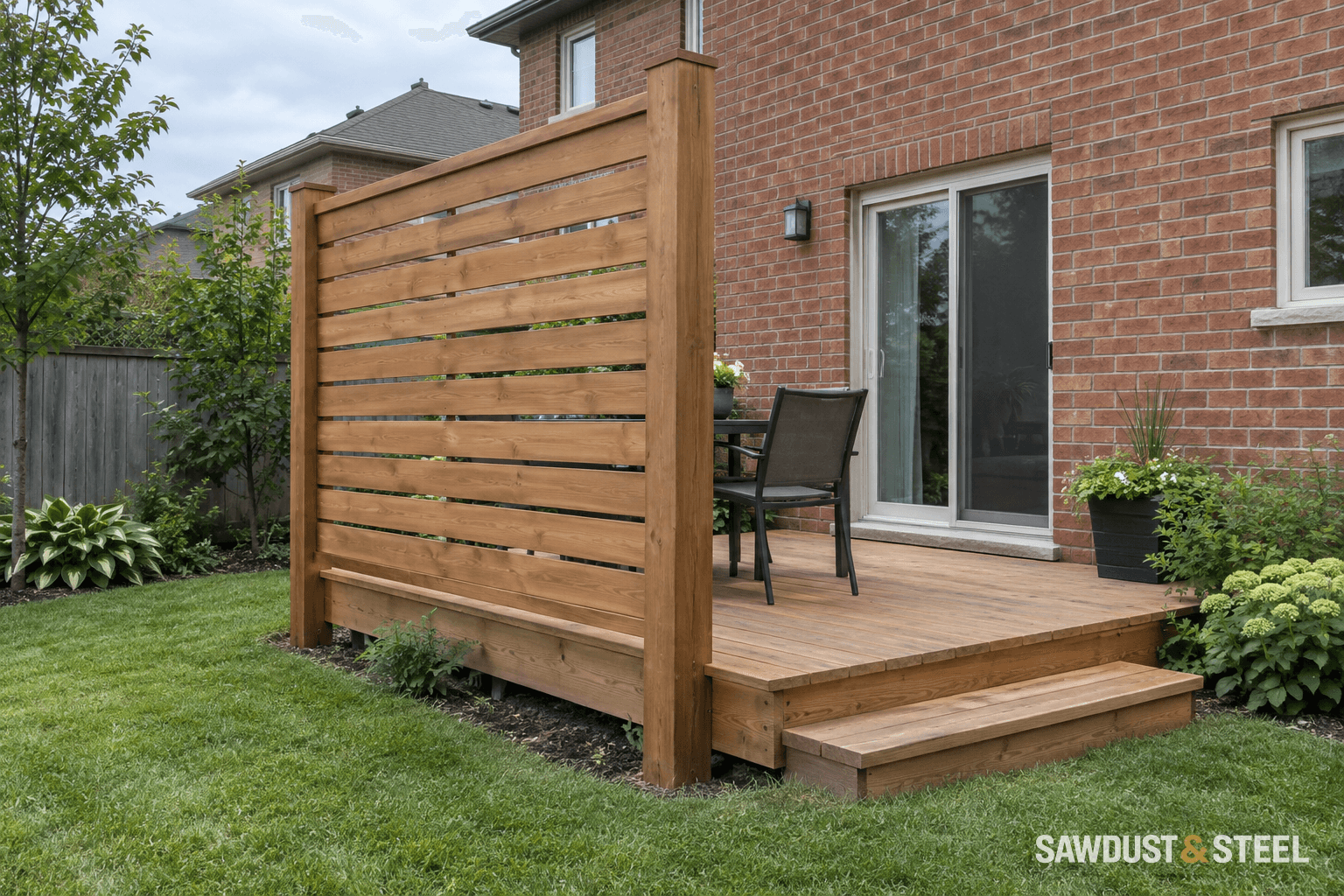 A horizontal timber privacy screen with dedicated posts continuing beside a low backyard deck to the ground