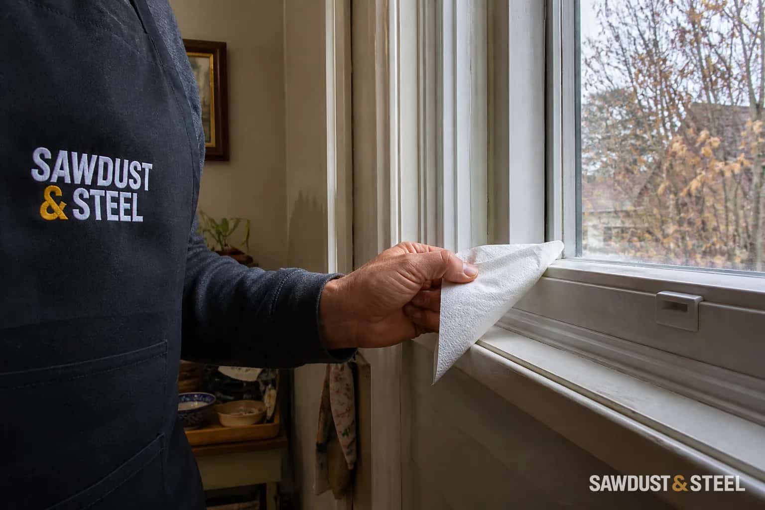 Editorial close view of tissue being used to check an ordinary residential window for drafts