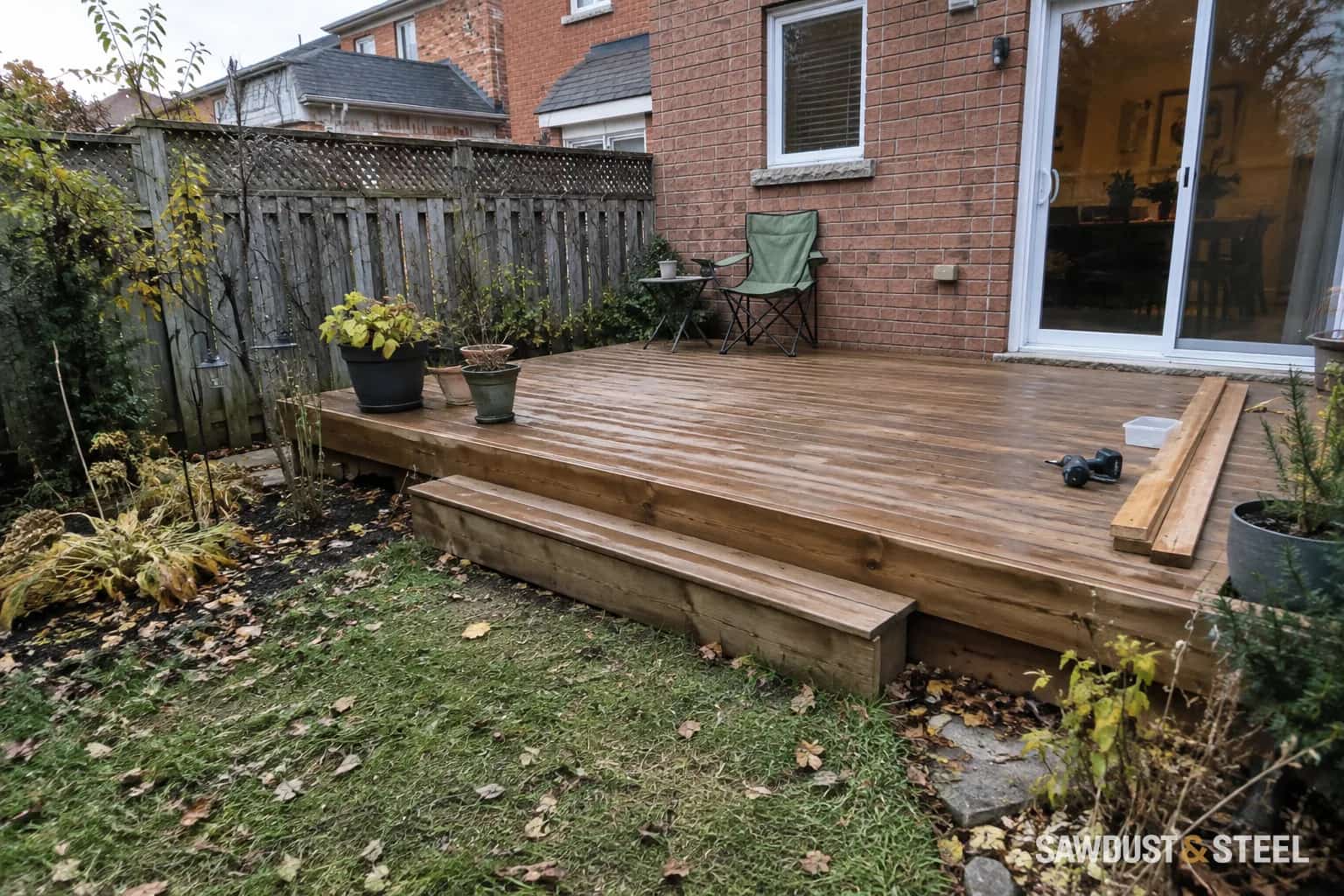 A low timber deck beside a brick home, with spare boards, a drill, and autumn garden leaves