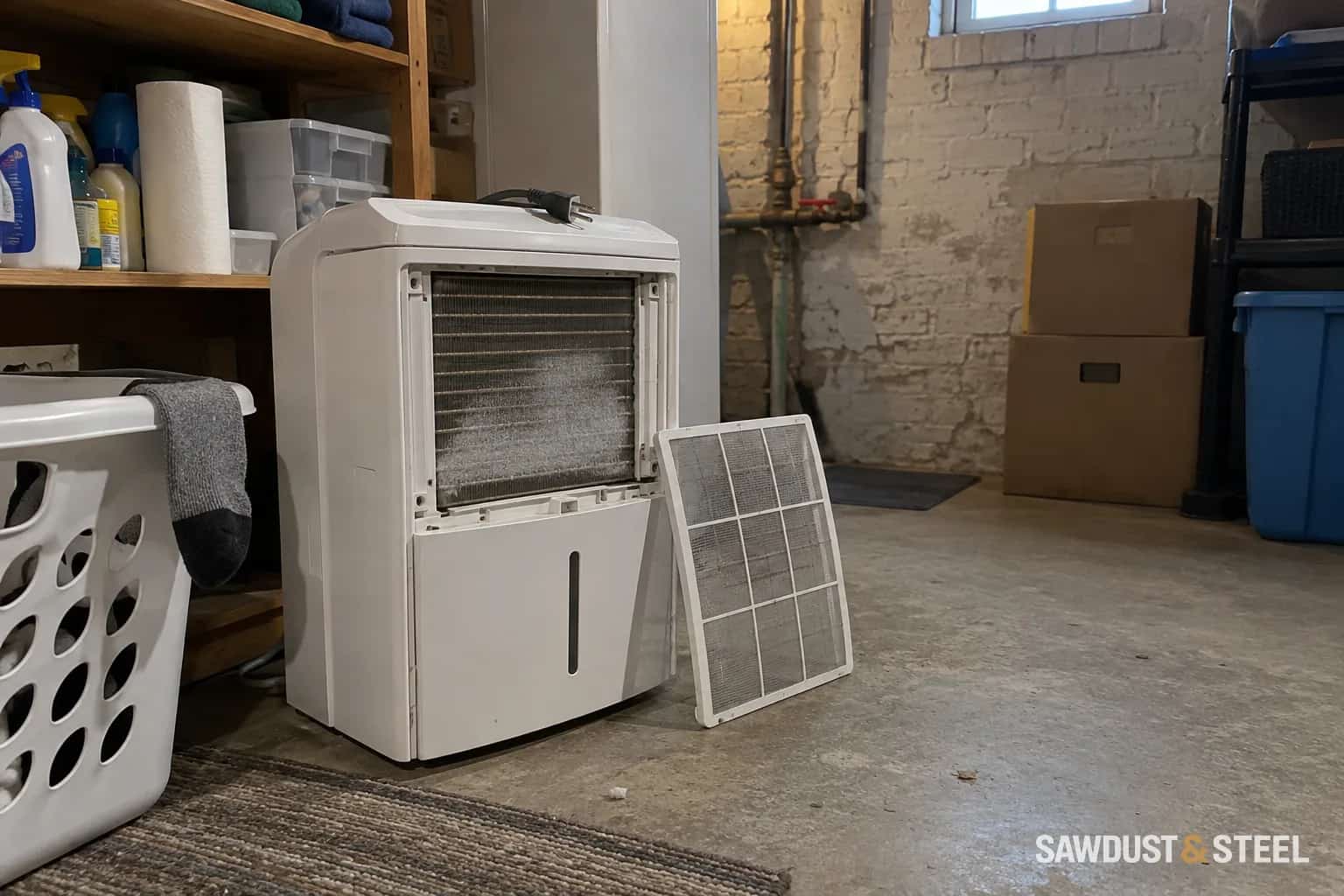An unplugged basement dehumidifier with its filter removed beside household storage
