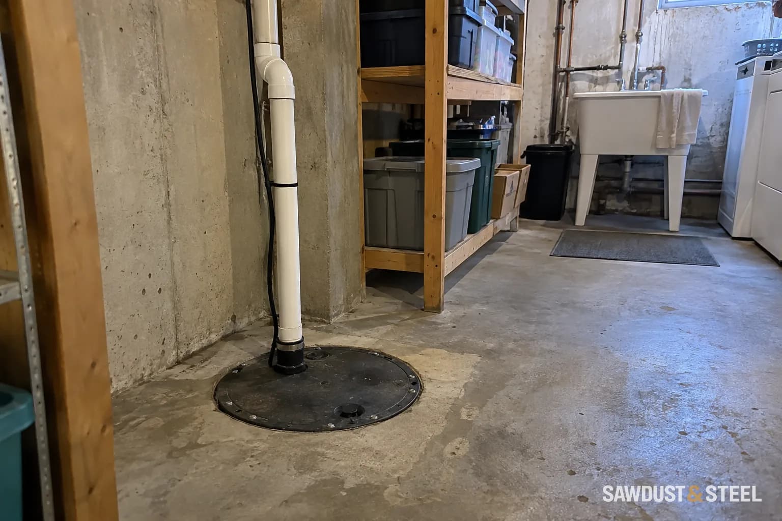 Covered basement basin with a white pipe beside a utility sink