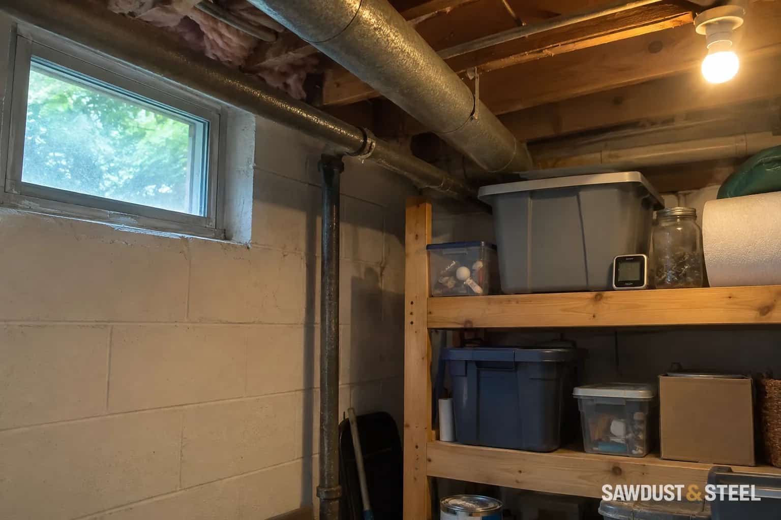 A high basement window above household storage and a small humidity meter