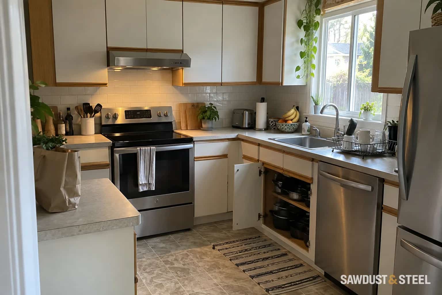 An everyday kitchen with an electric range, extractor, drying dishes, and an open storage cabinet