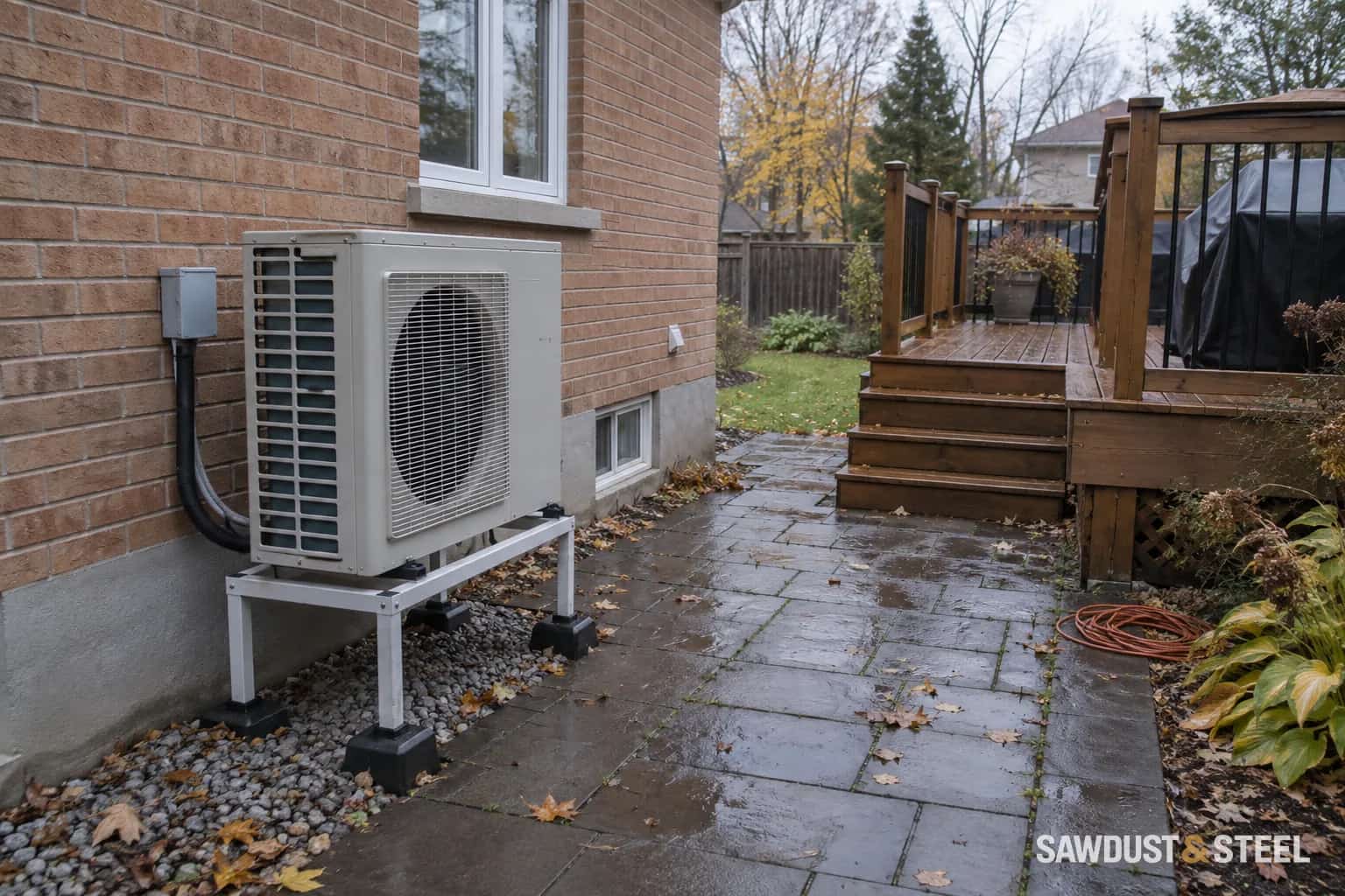 An outdoor heat pump with open space around it beside a separate timber deck