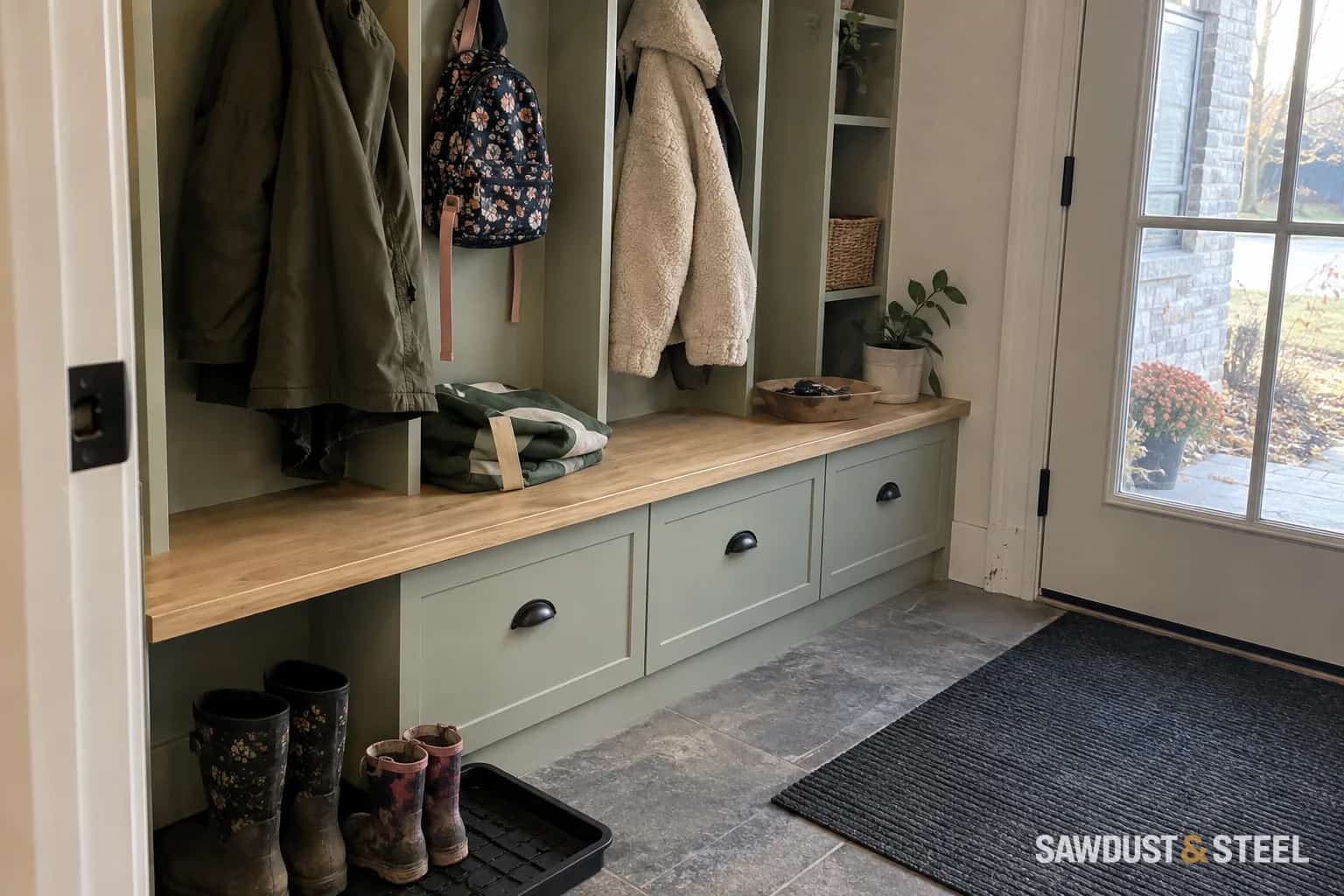 Sage entryway cubbies and an oak bench with coats, a backpack, and muddy boots
