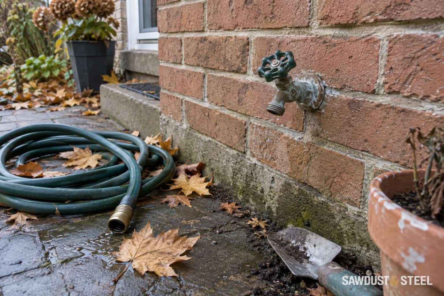 An outdoor tap on a brick wall with its garden hose disconnected among autumn leaves