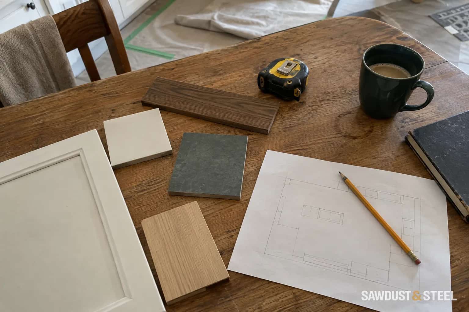 Timber and tile samples, a simple pencil sketch, and a mug on a scratched kitchen table