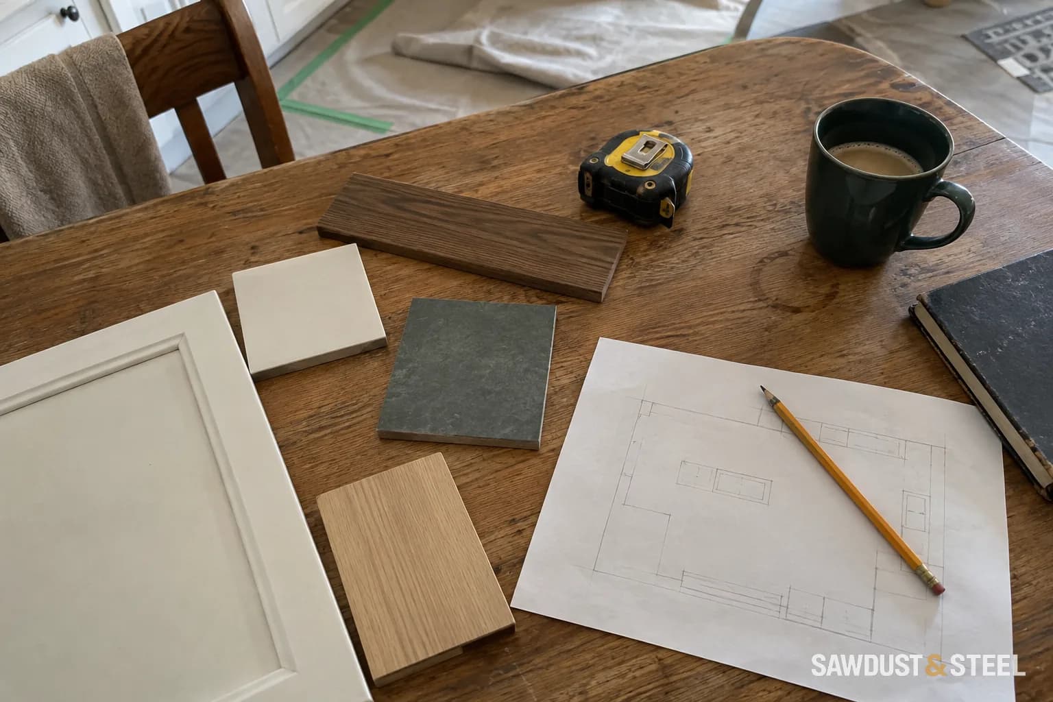 Cabinet, wood and tile samples arranged on a table with a pencil sketch and tape measure