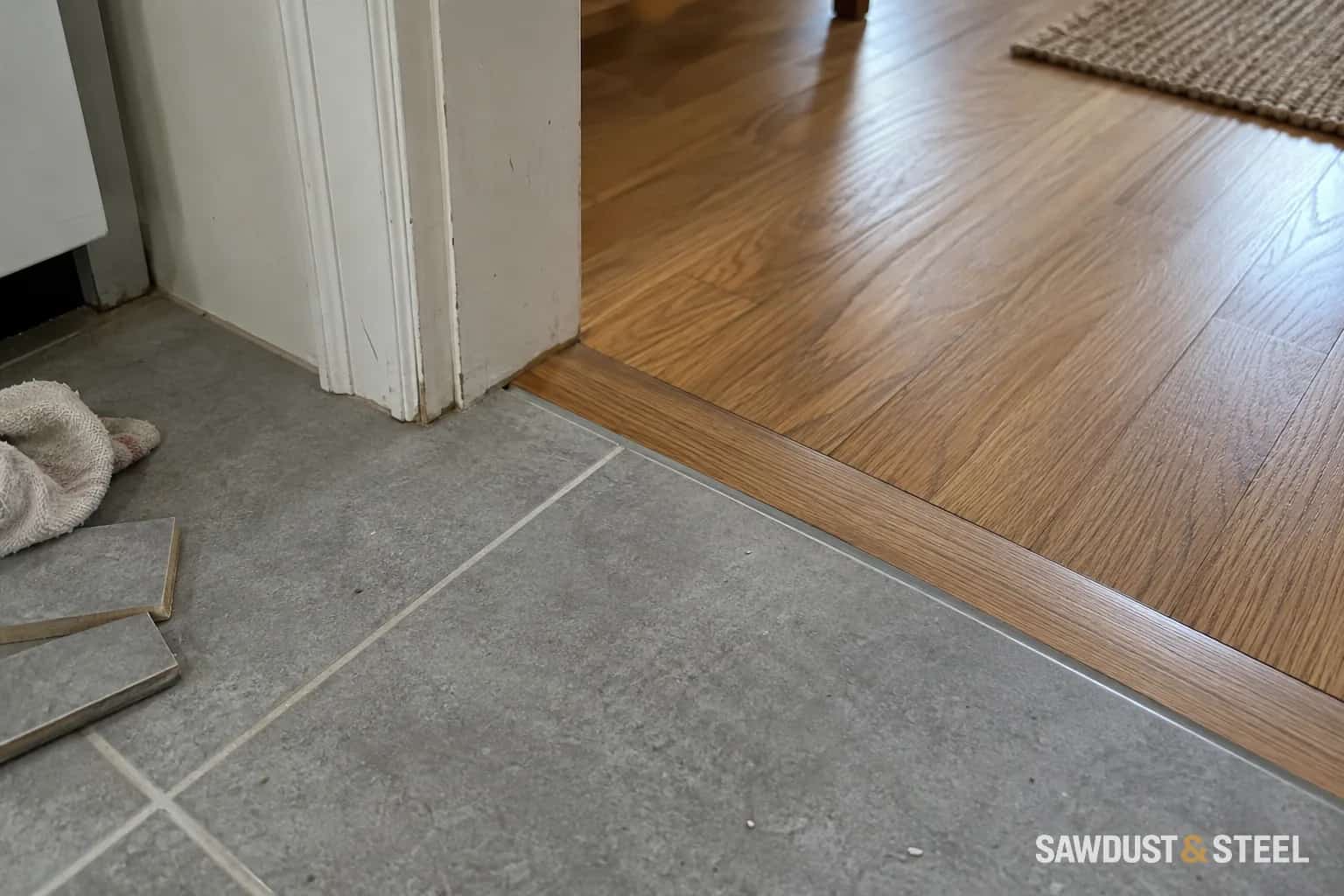 A tiled doorway meeting an oak floor, with a low transition and tile offcuts nearby