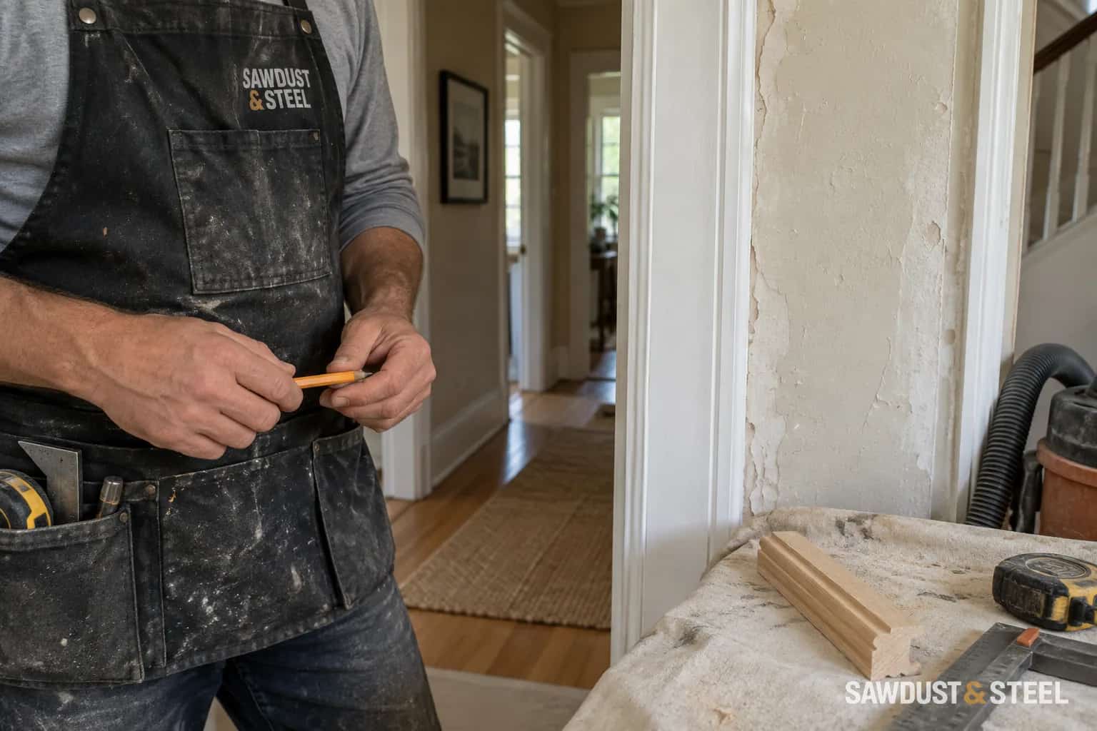 A carpenter in a dusty apron holding a pencil beside painted door casing and a timber sample
