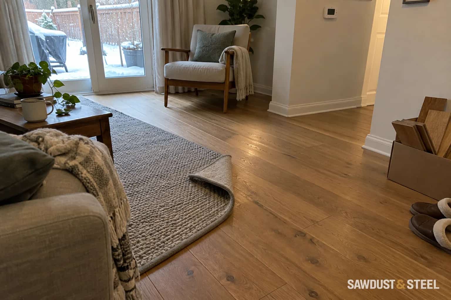 A modest living room with a matte oak floor, a folded rug, and flooring offcuts at the side