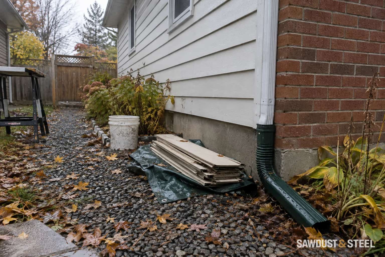 Weathered siding and brick with a downspout extension, spare siding, and wet autumn leaves