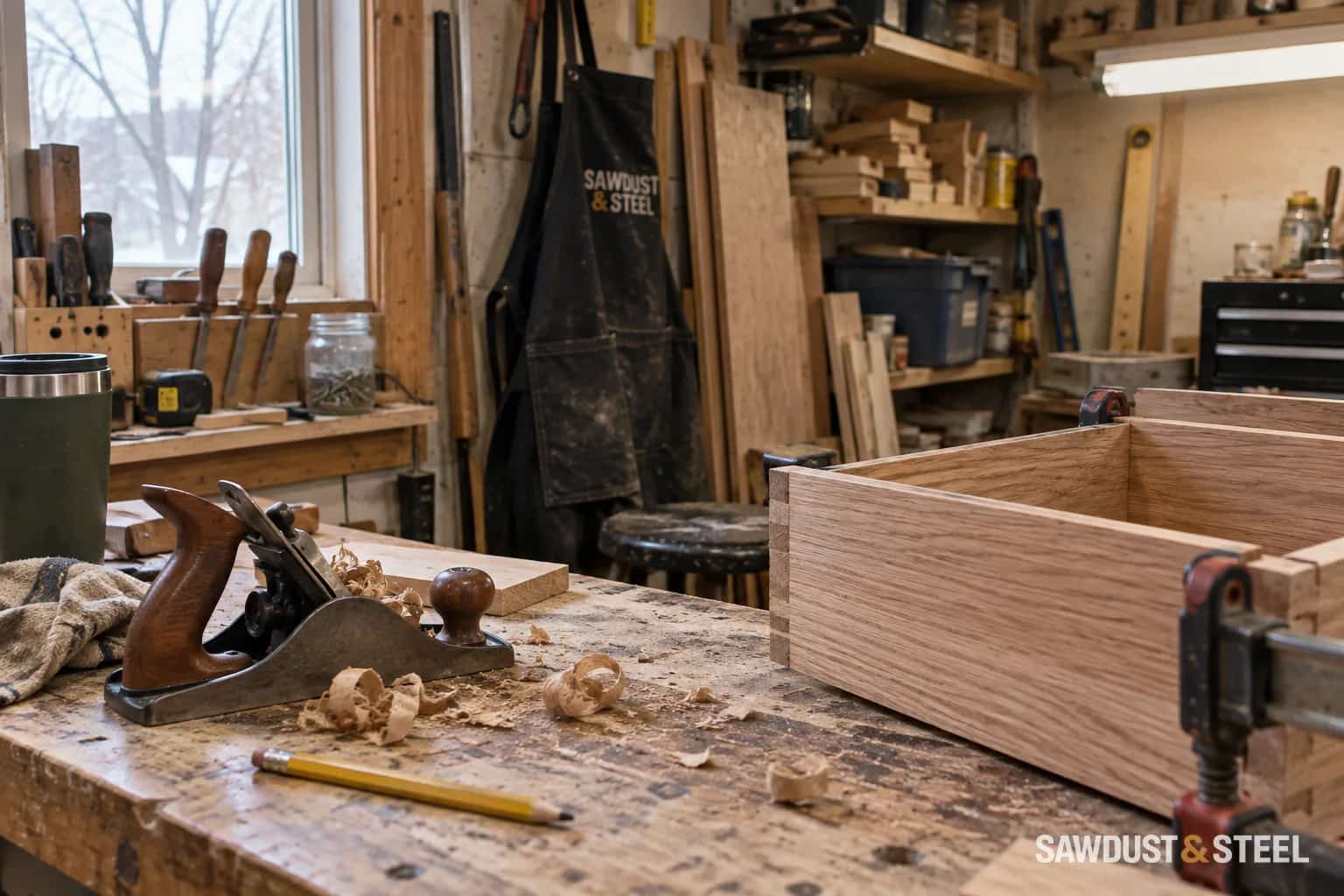 A worn workbench with an oak drawer, hand plane, shavings, and an apron hanging behind it