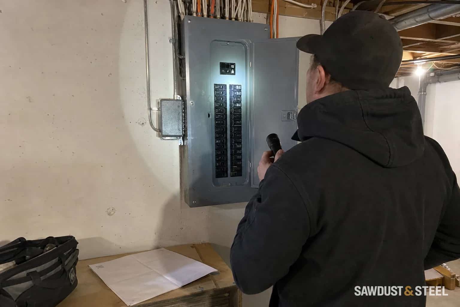 Residential electrical panel being reviewed in an ordinary basement