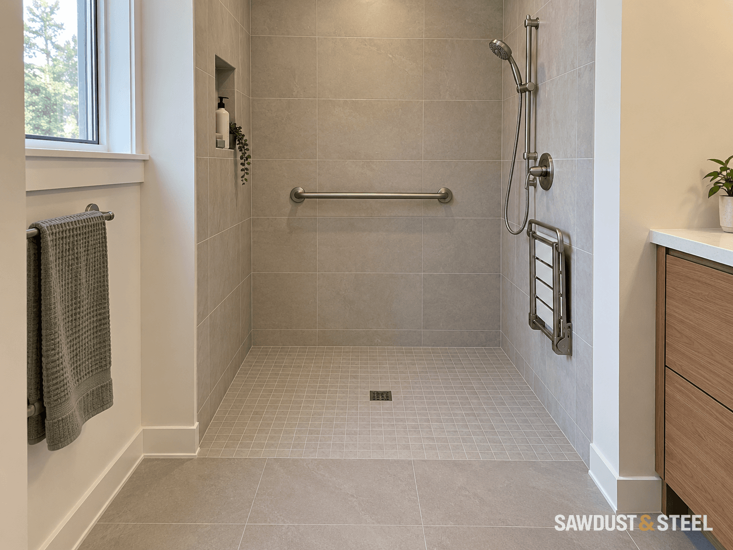 Flush tiled shower entrance with a horizontal grab bar, handheld shower and folded wall seat