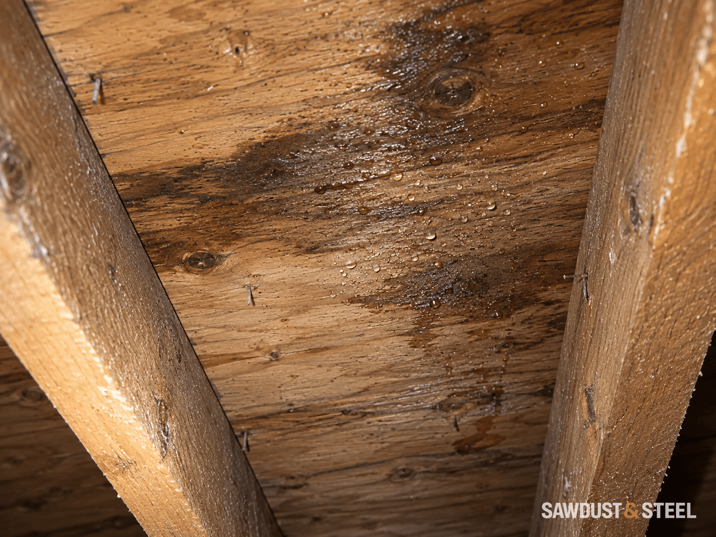 Moisture beads and dark patches on roof sheathing between two timber rafters
