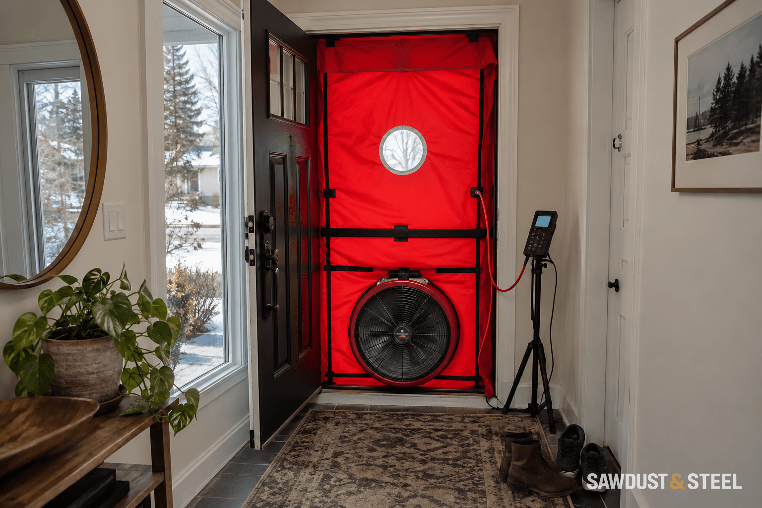 Red blower-door fan panel sealing a doorway beside a closed glass sidelight