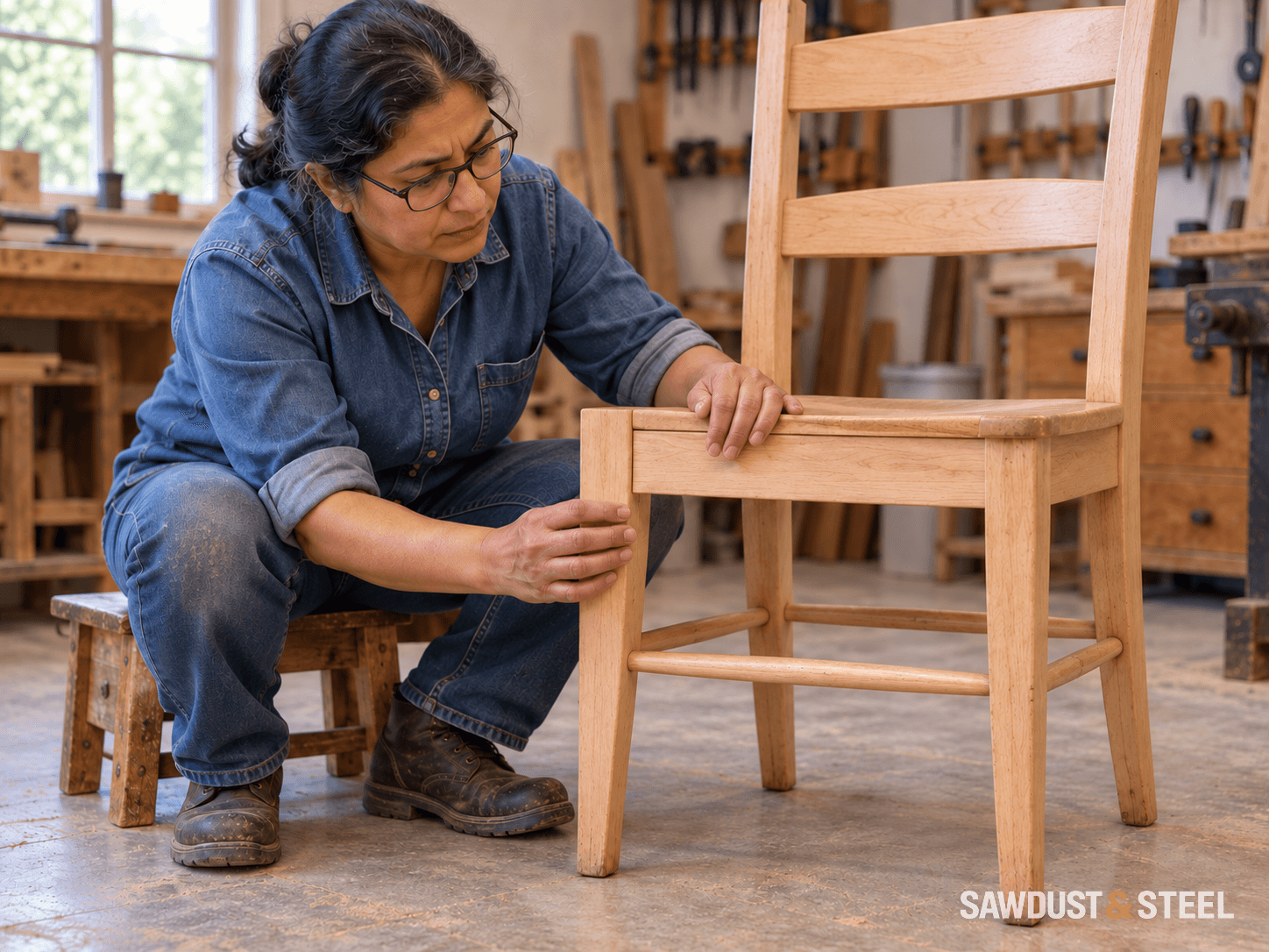 A carpenter inspecting a beech dining chair while holding its front leg and seat rail