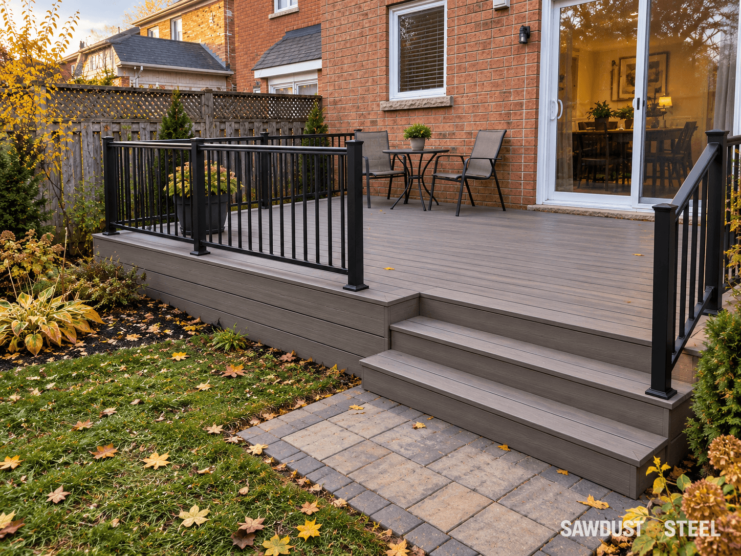 Grey backyard deck with black metal guards and steps down to a paver landing