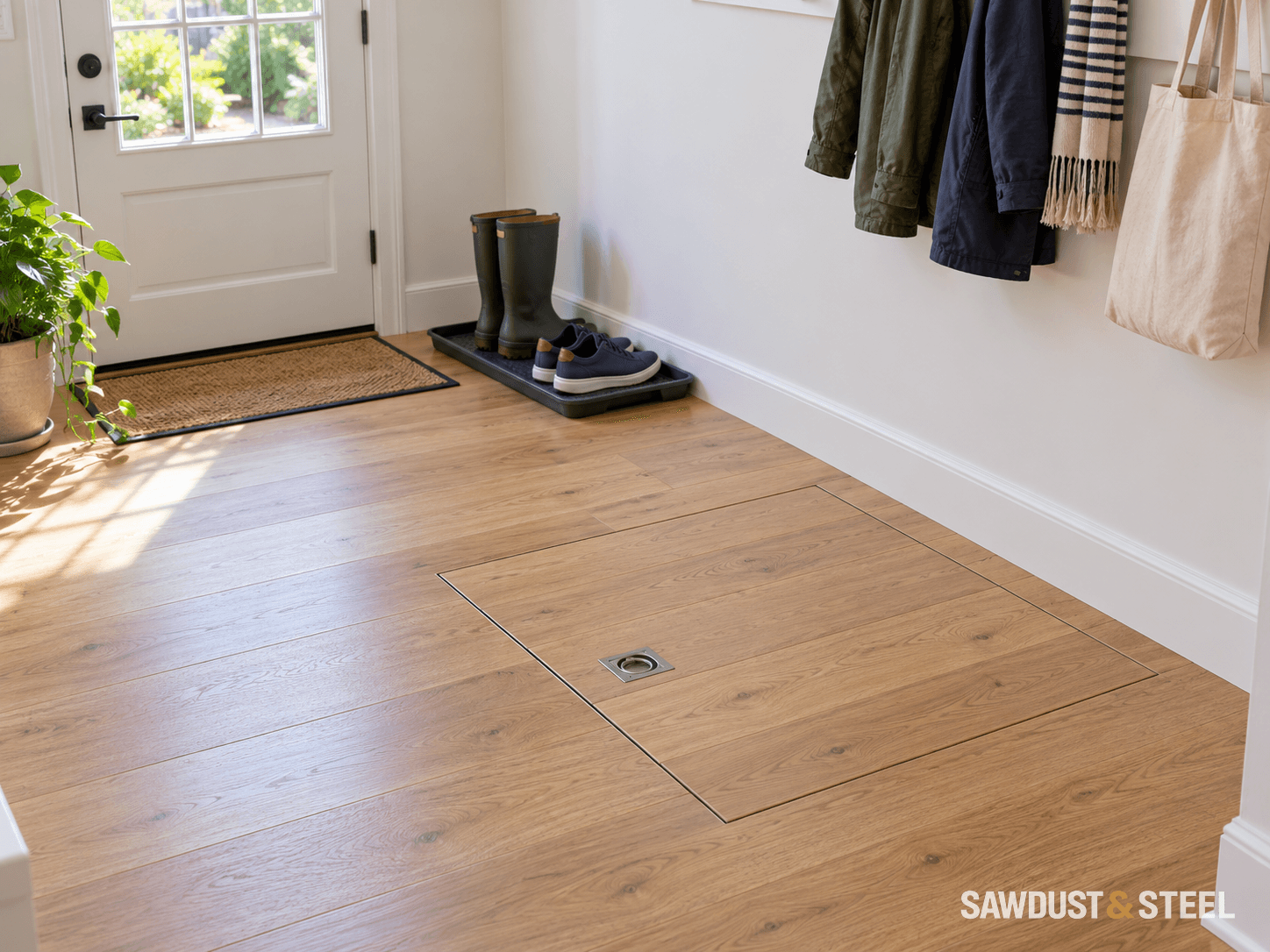 A closed flush access hatch in a mudroom floor with a clear approach and recessed lifting ring