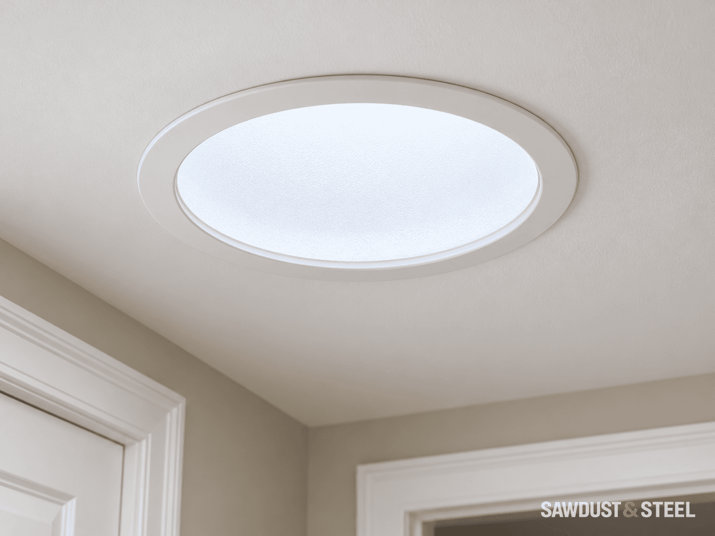 Close view of a frosted circular daylight diffuser and its white ring in a painted ceiling
