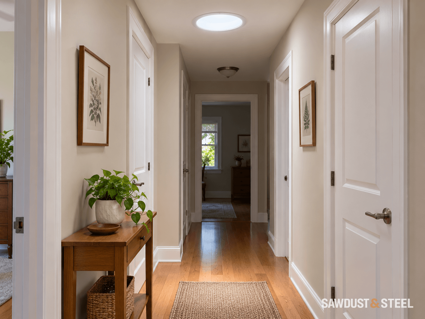 A round tubular-skylight diffuser illuminating an oak-floored hallway with a separate ceiling light farther along