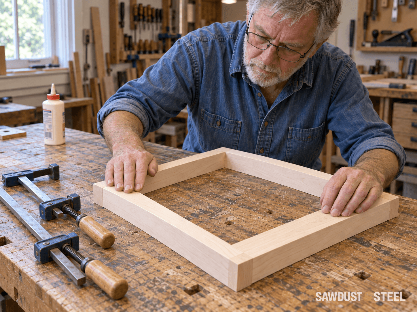 A carpenter checking the fit of an unfinished maple frame on a workbench, with clamps beside it