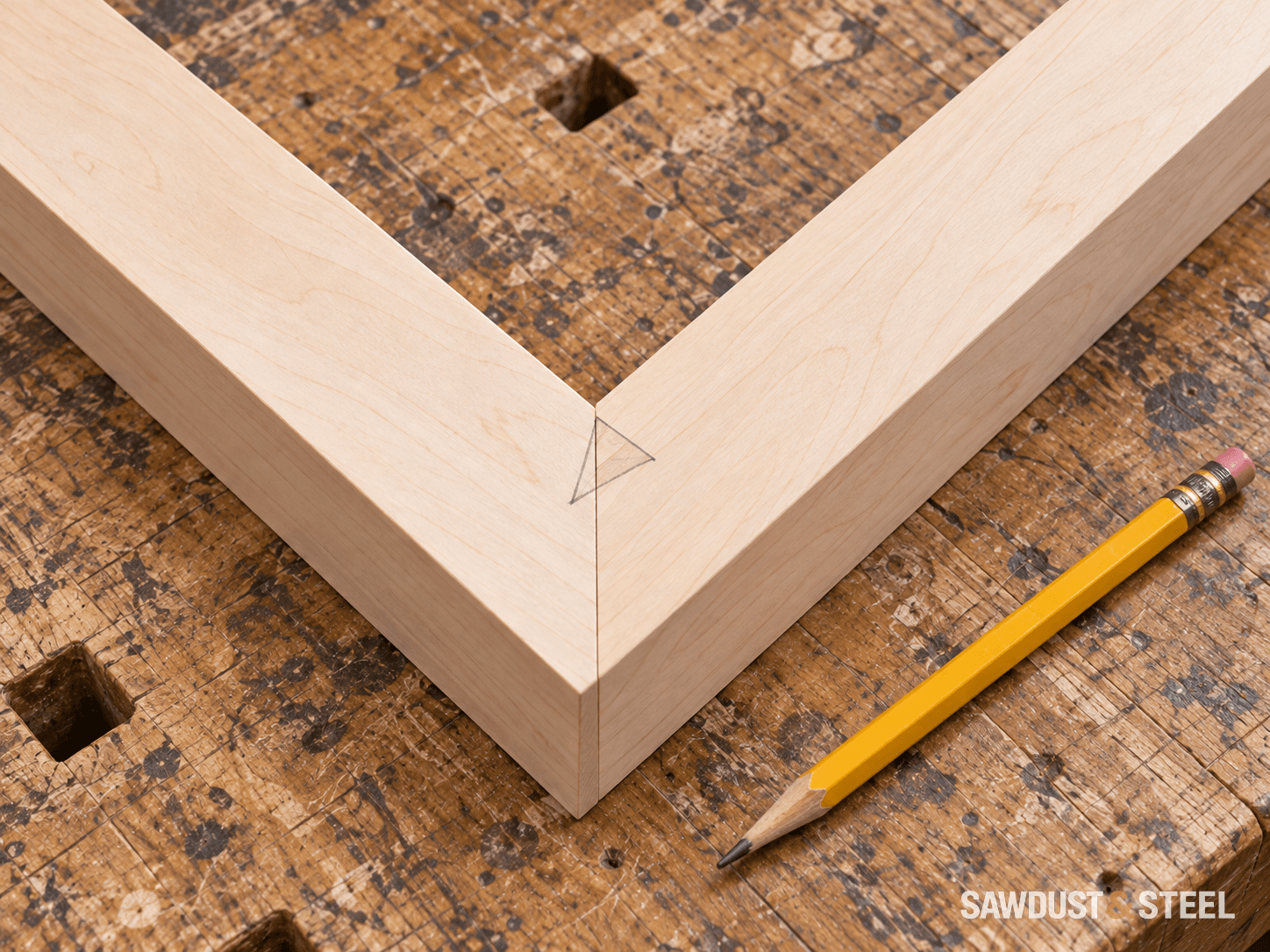 A pencil triangle crossing the seam of a dry-fitted mitred maple corner