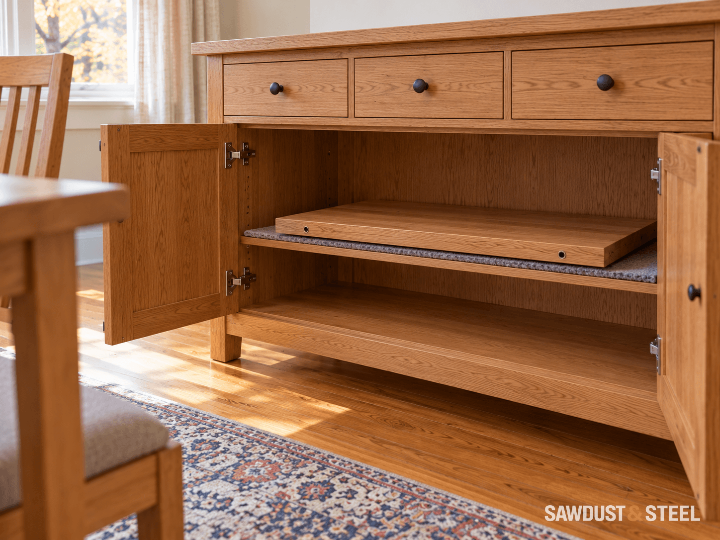 A removable oak table leaf stored flat on a padded shelf inside a dining-room sideboard