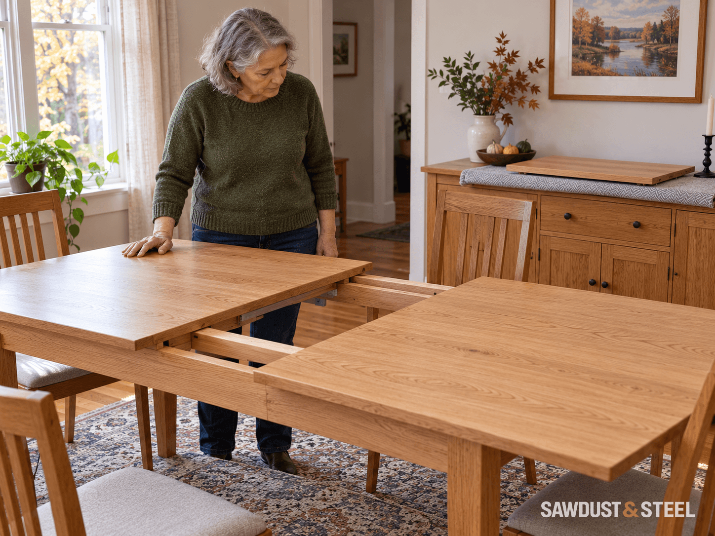 A woman examining the open centre of an oak extending table, with its loose leaf supported on a nearby sideboard