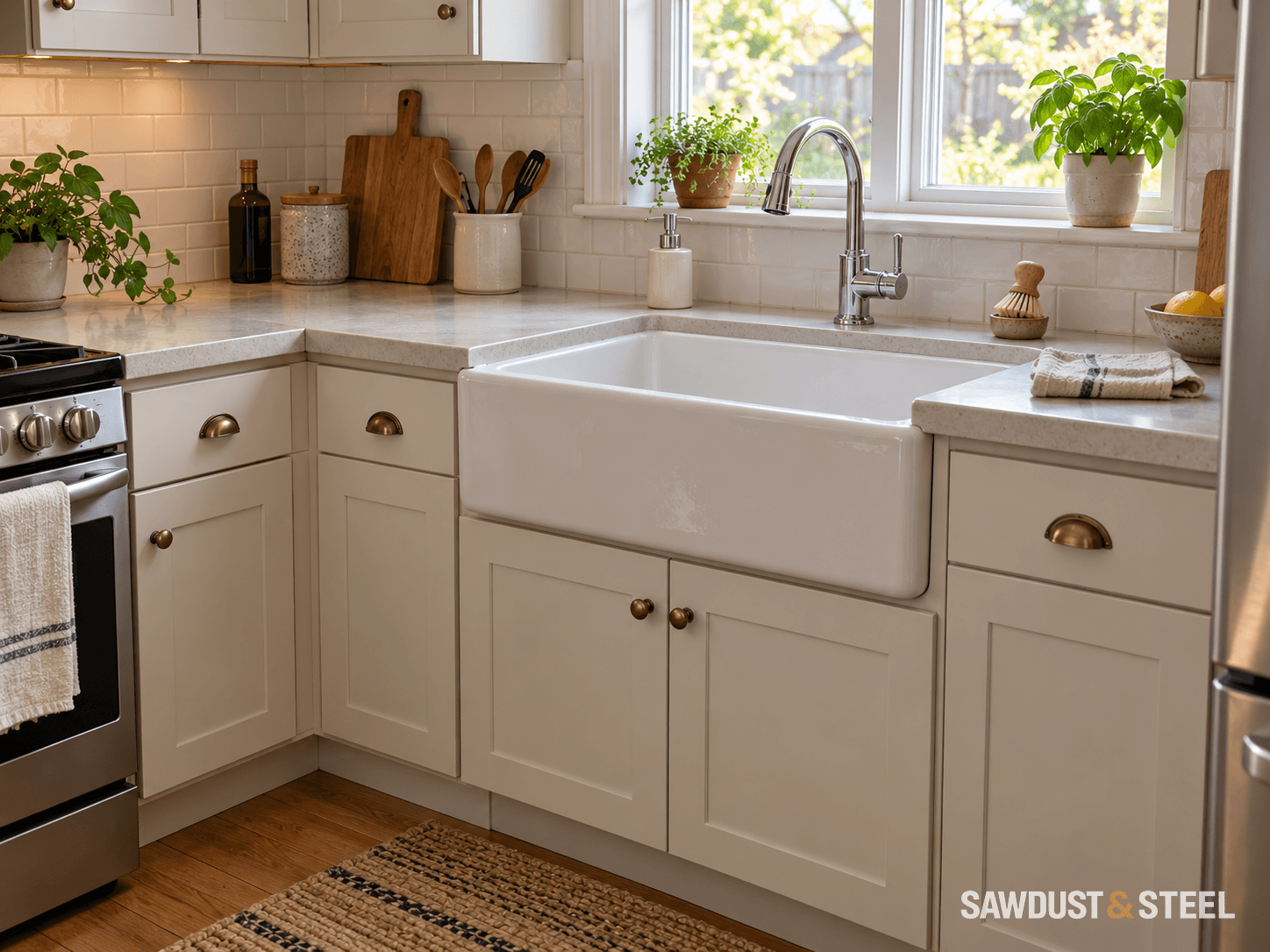 White apron-front sink fitted above two painted kitchen cabinet doors