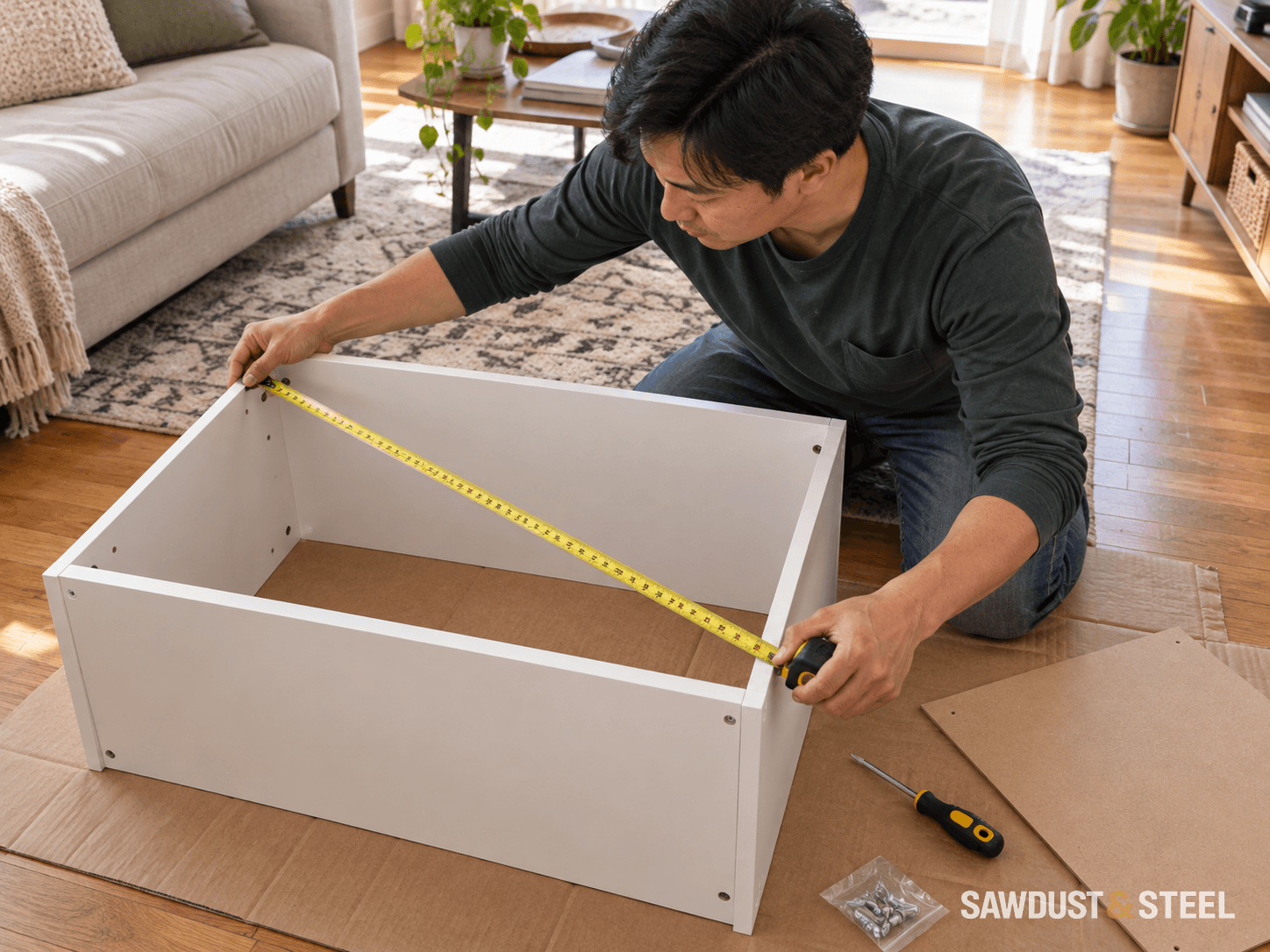 A man measuring across the rear opening of a white flat-pack cabinet before fitting its back