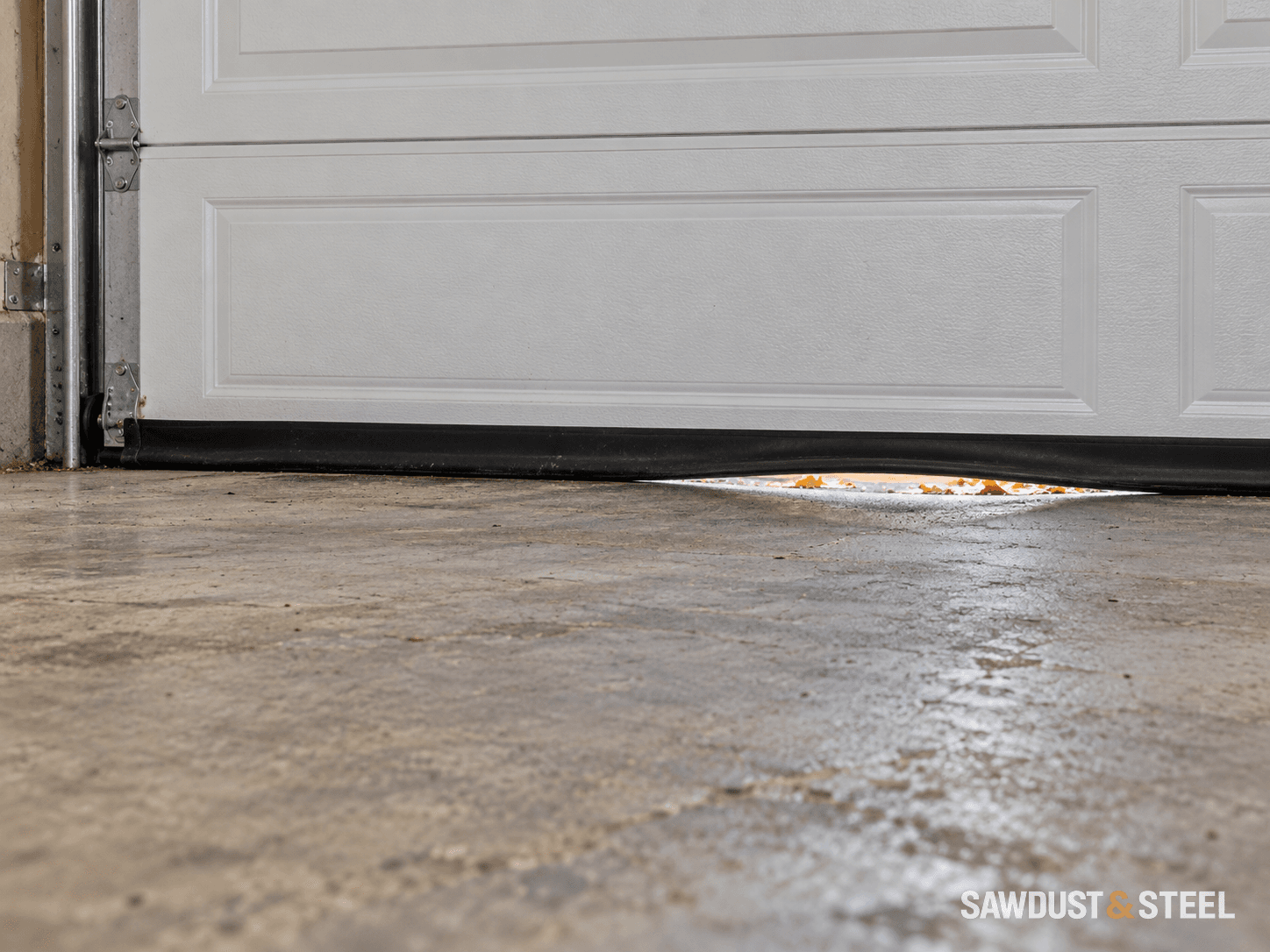 A narrow daylight gap beneath a closed garage-door seal where the concrete floor dips