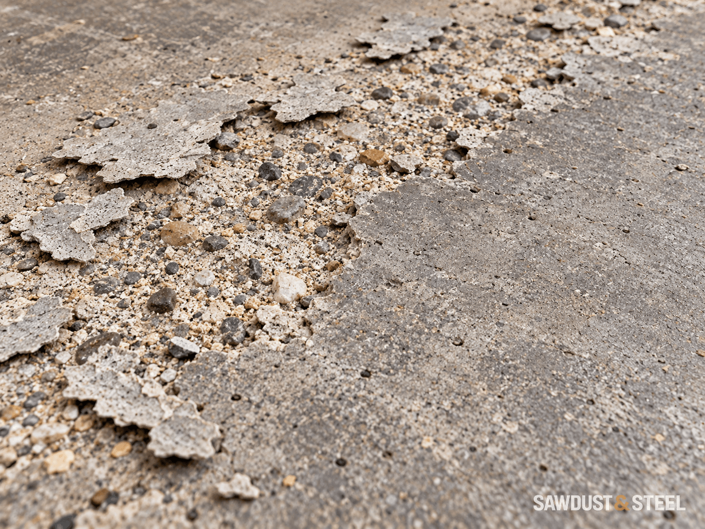 Thin grey concrete flakes and small exposed aggregate beside a remaining patch of slab surface